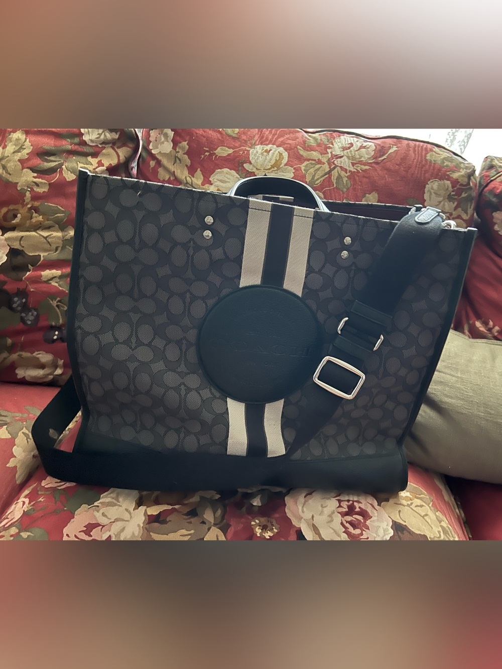Coach Signature Canvas Tote with Black and gray Stripe